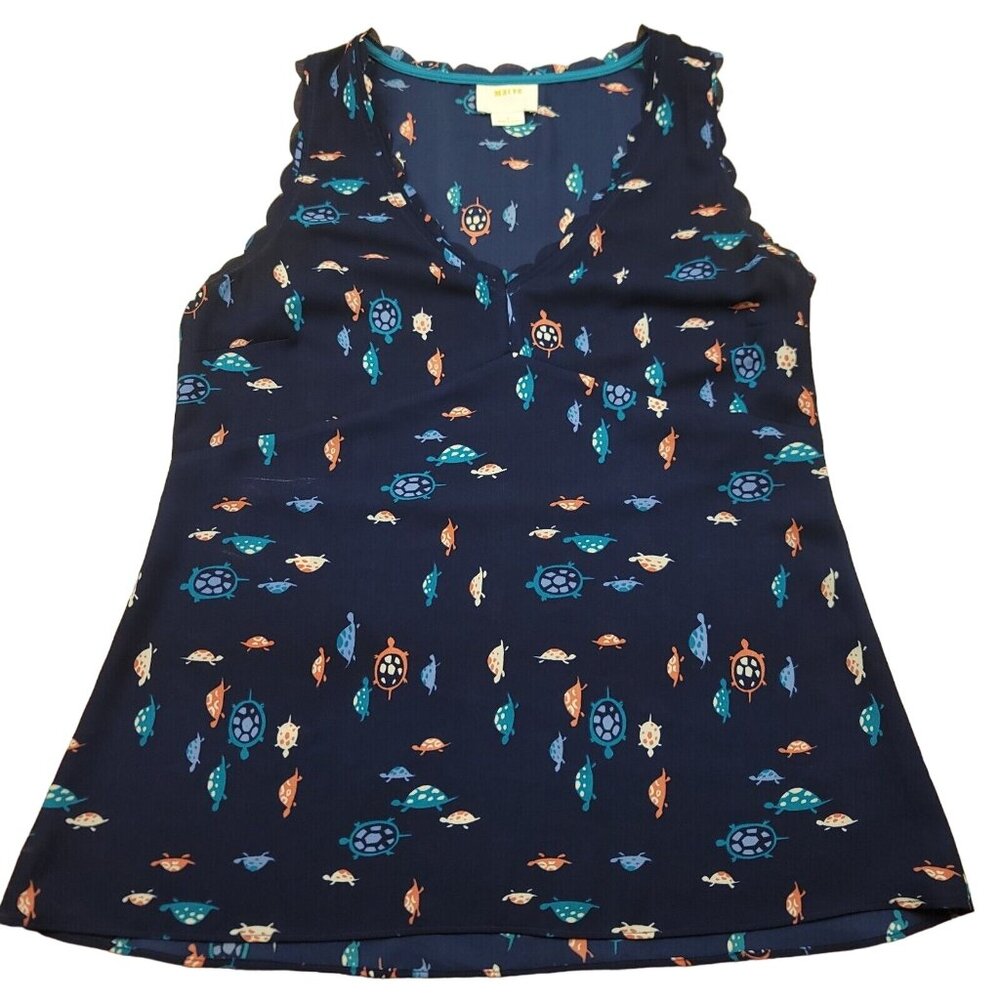 Anthropologie By‎ Maeve Womens 0 Shirt Blue Turtle Print Sleeveless Blouse Beach